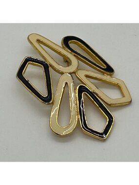 Vintage 1980s Modernist Black Enamel Gold Tone Geometric Abstract Flower Brooch